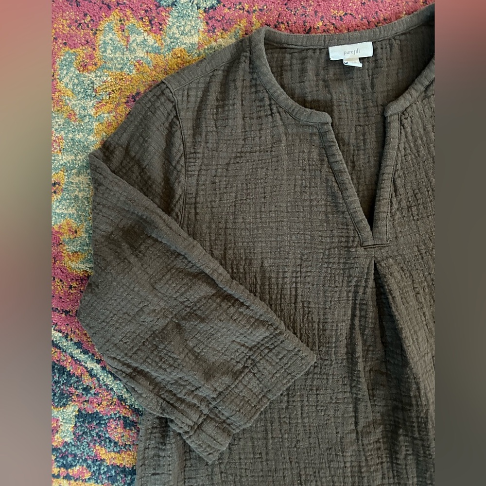J. Jill | Women’s Brown Gauze Textured 3/4 Sleeve Vneck Round Hem Tunic Top, MP - Picture 7 of 14